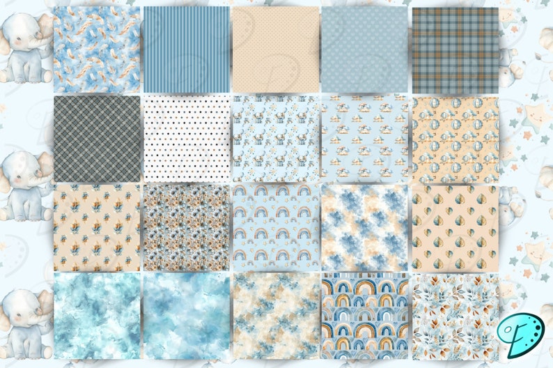 Op de afbeelding: Een set van 16 digitale papierpatronen in blauw, beige en bruin met verschillende ontwerpen, waaronder olifanten, regenbogen, sterren en bloemenpatronen.