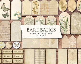 Bare Basics Floral Tags and Labels | Antique | Junk Journal | Scrapbook | Card Making | Paper | Printable | Ephemera | Digital | Cricut