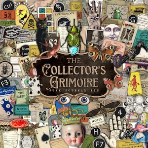 May include: A collage of vintage ephemera, including a black cat, butterflies, playing cards, and botanical illustrations. The central element is a sign that reads "The Collector's Grimoire Junk Journal Kit."
