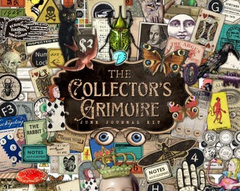 May include: A collage of vintage ephemera, including a black cat, butterflies, playing cards, and botanical illustrations. The central element is a sign that reads "The Collector's Grimoire Junk Journal Kit."