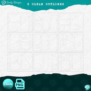 Pu&ograve; includere: Nove design di contorno puliti sono visualizzati in una griglia. I design includono varie forme e forme, come rettangoli, cerchi e linee curve. L'immagine include anche il testo "9 CLEAN OUTLINES" e i loghi Canva e PNG.