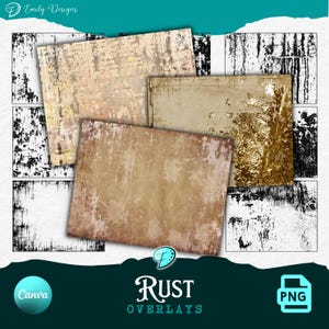 May include: A collection of digital graphic overlays featuring various textures including distressed rust, weathered metal, and gold leaf patterns. The set includes rectangular backgrounds with grunge effects, script writing, and metallic finishes.