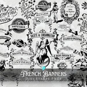 May include: A collection of black and white vintage French banner designs with text in French. The banners feature various shop names and products, such as "Bonbons Fins", "Biscuits Français", "Confiserie", and "Charcuterie".