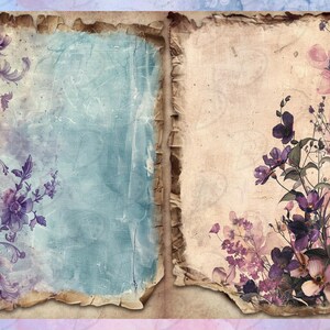 May include: Two vintage-style paper pages with a distressed, aged look. The left page has a light blue background with faded purple floral designs. The right page has a cream background with a cluster of purple flowers in the bottom right corner.