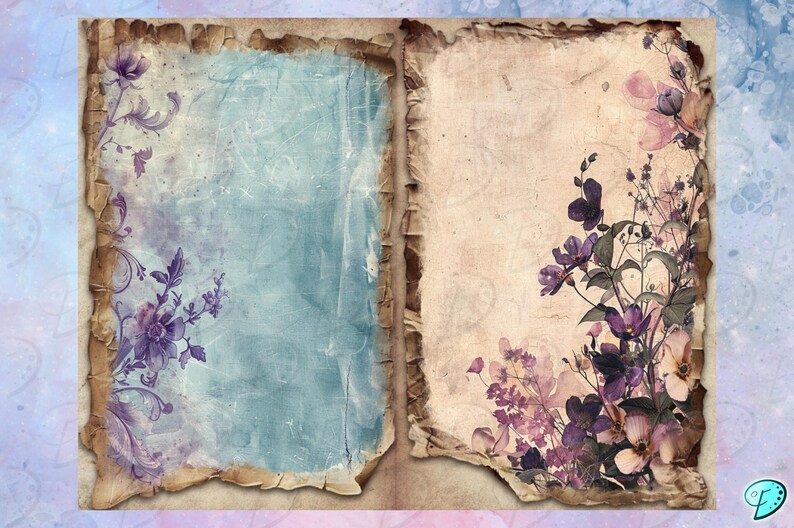 May include: Two vintage-style paper pages with a distressed, aged look. The left page has a light blue background with faded purple floral designs. The right page has a cream background with a cluster of purple flowers in the bottom right corner.