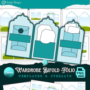 May include: A digital design featuring three light blue wardrobe bifold folio templates with teal accents. The templates include pockets and decorative shapes. The image also includes the text "Wardrobe Bifold Folio Templates & Overlays" and a Canva logo.