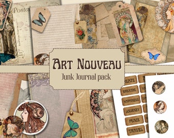 Art Nouveau Junk Journal pack, Mucha, printable, scrapbooking, instant download, ephemera, Art Deco, diary, digital