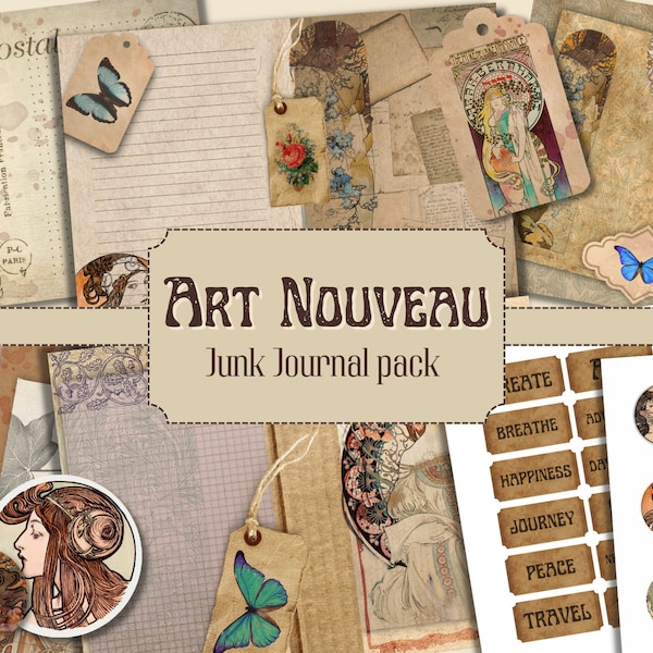 Pack Art nouveau Junk Journal, Mucha, imprimable, scrapbooking, téléchargement immédiat, éphémère, Art déco, agenda, numérique