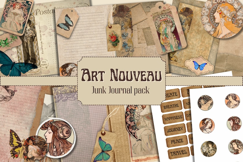 Art Nouveau Junk Journal Pack, Mucha, Printable, Scrapbooking, Instant