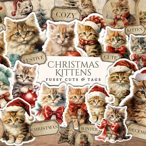Weihnachtskätzchen Fussy Schnitte und Tags | Ephemera | Druckbar | Junk Journal | Kartengestaltung | Sammelalbum | Jahrgang | Dekoration | Karte-Topper