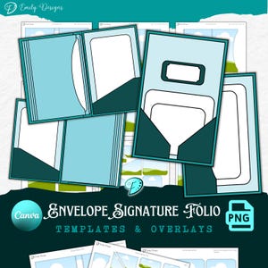 May include: A collection of light blue and teal envelope signature folio templates and overlays. The templates have a white interior with a teal pocket. The image includes the text "Envelope Signature Folio Templates & Overlays" and the Canva and PNG logos.
