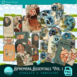 May include: A collection of vintage-style ephemera elements, including tags, circles, and labels. The designs feature illustrations of Humpty Dumpty, floral patterns, and other classic imagery. The color palette includes blues, oranges, and creams.
