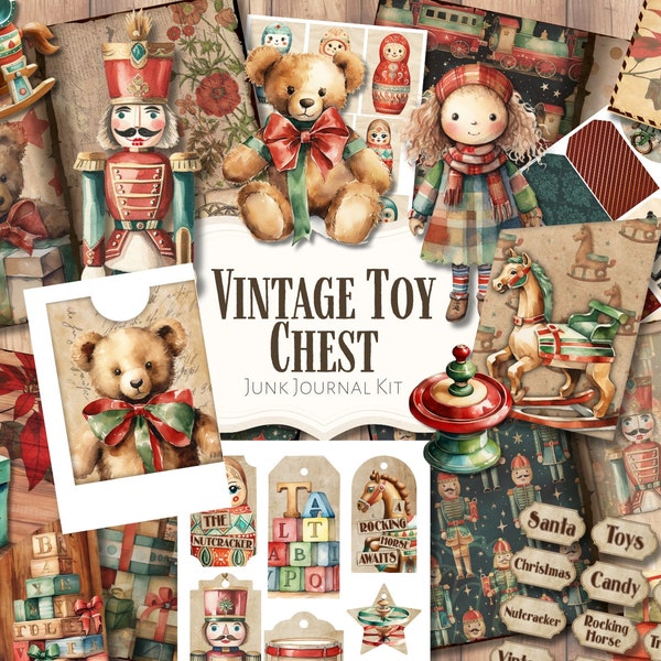 Vintage Toy Chest Junk Journal Kit | ephemera | antique | vintage | scrapbook | digital paper | nutcracker | printable | Christmas | Festive