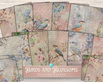 Birds and Blossoms Digital Papers | ephemera | vintage | scrapbook | journal | printable | shabby chic | spring | summer | flower | floral