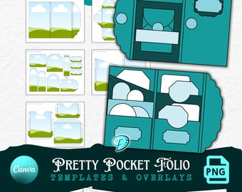 May include: A teal-colored Pretty Pocket Folio template with various shapes and designs. The image includes templates and overlays with landscape scenes, clouds, and green fields. The Canva and PNG logos are also visible.