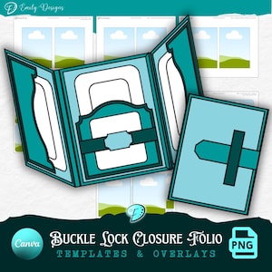 May include: A teal and light blue folio template with a buckle lock closure design. The image shows the folio open and closed, with a decorative label and a cross-shaped closure. The text reads "Buckle Lock Closure Folio Templates & Overlays".