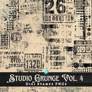 Puede incluir: Un fondo de arte digital envejecido con una estética vintage. El diseño presenta un collage de números, fragmentos de texto y patrones de puntos negros sobre un fondo beige. El texto "Studio Grunge Vol. 4" está en la parte inferior.