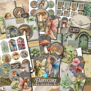 May include: A digital junk journal kit with a fairycore theme. The kit includes images of fairies, mushrooms, frogs, flowers, and other woodland creatures. The kit also includes several tags and labels with text such as "Forest", "Pixie", "Journal", and "Magic".