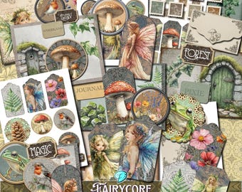 May include: A digital junk journal kit with a fairycore theme. The kit includes images of fairies, mushrooms, frogs, flowers, and other woodland creatures. The kit also includes several tags and labels with text such as "Forest", "Pixie", "Journal", and "Magic".