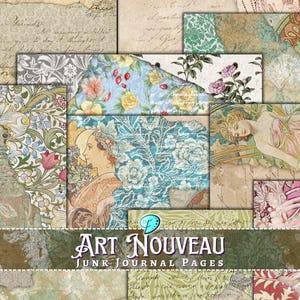 Jugendstil-tijdschriftpapier | Antiek | Leeftijd | Junkjournaal | Plakboek | Kaarten maken | Afdrukbaar | Tijdelijke verschijnselen | Bloemen | Shabby-chic | Mucha