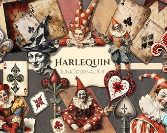 Kit de journal indésirable Harlequin | clown | cirque | millésime | éphémères | coupe soignée | clipart | papier numérique | album de découpures | numérique | imprimable