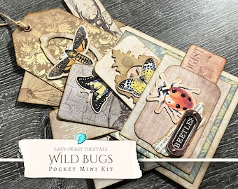 Easy-Peasy Wild Bugs Imprimible Pocket Mini Kit / efímera / vintage / álbum de recortes / digital / imprimible / shabby chic / Floral / Cricut PNG