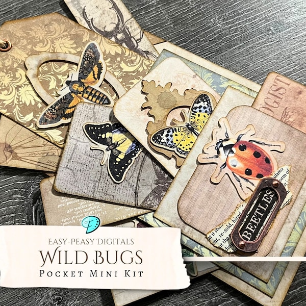 Easy-Peasy Wild Bugs Printable Pocket Mini Kit | ephemera | vintage | scrapbook | digital | printable | shabby chic | Floral | Cricut PNG