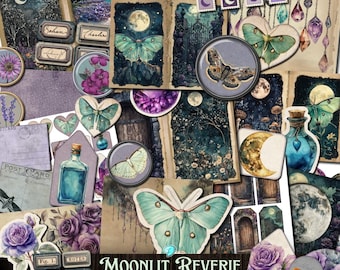 May include: A digital junk journal kit featuring a moonlit woodland theme. The kit includes images of moths, butterflies, moons, flowers, and other nature-inspired elements. The text "MOONLIT REVERIE JUNK JOURNAL KIT" is printed at the bottom of the image.