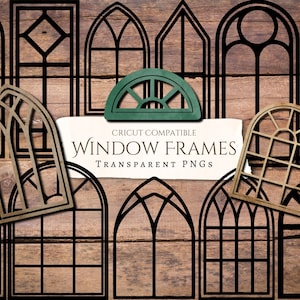 May include: A set of 10 black window frame PNGs, compatible with Cricut, for crafting and design projects. The frames are in various styles, including arched, rectangular, and gothic.
