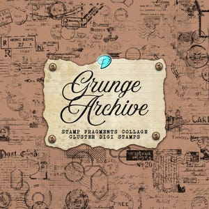 May include: A vintage-style digital collage with a sepia-toned background filled with postage stamps and handwritten script. A torn paper element with the words "Grunge Archive" and "Stamp Fragments Collage" is affixed with brass fasteners.