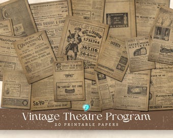 May include: A collection of 20 vintage theatre program papers, featuring black and white text and images. The papers are printed on aged, yellowed paper with a distressed look. The papers include advertisements for various products and services, such as champagne, mattresses, and a "Sanitary Put Comb".