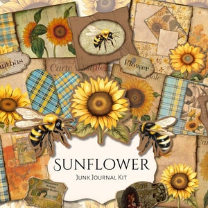 Sunflower Junk Journal Kit | ephemera | antique | vintage | scrapbook | digital paper | journal pages | printable | shabby chic | Honey bee