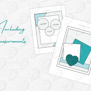 May include: Two printable scrapbook layout templates with measurements included. The first template features three circles for photos or embellishments. The second template features a rectangle, a heart, and a strip of paper.