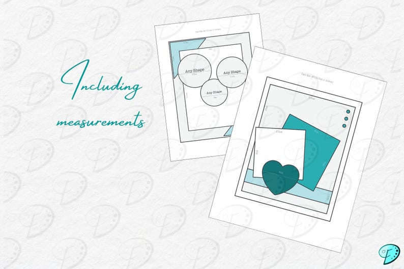 May include: Two printable scrapbook layout templates with measurements included. The first template features three circles for photos or embellishments. The second template features a rectangle, a heart, and a strip of paper.