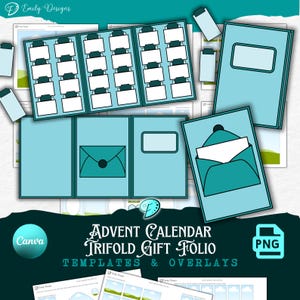 May include: Light blue Advent calendar trifold gift folio templates and overlays. The image shows several open and closed folios, with a trifold design, an envelope, and a notebook. The text on the image says "Advent Calendar Trifold Gift Folio Templates & Overlays".
