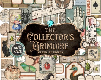 May include: A collection of vintage ephemera featuring a dark brown banner with the text "The Collector's Grimoire Mixed Ephemera." The collage includes illustrations of insects, butterflies, playing cards, and botanical elements. There are also blank labels and stamps.