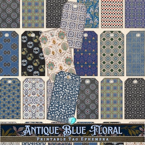 Antique Blue Tag Ephemera | vintage | fussy cut | junk journal | scrapbook | digital | printable | floral | pattern | shabby chic