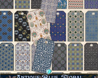 May include: Printable tags with various blue and white floral patterns. The tags are rectangular and have a hole punched in the top. The text "Antique Blue Floral Printable Tag Ephemera" is at the bottom of the image.
