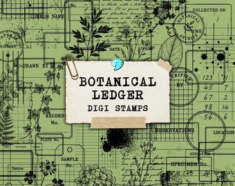 Botanical Ledger Digi Stamps PNG bundle | digital | overlay | junk journal | scrapbook | ephemera | vintage | ruled | grid | leaf | florals