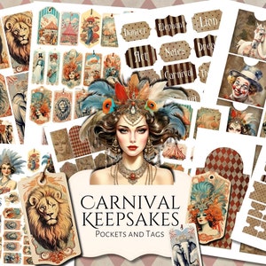 Carnival Keepsakes Printable Pockets and Tags | ephemera | vintage circus | junk journal kit | scrapbook | cricut | collage | cut out
