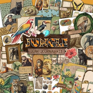 May include: A collage of jungle-themed ephemera for junk journaling. Includes images of animals like tigers, monkeys, and parrots, along with the text "Jungle Junk Journal Kit". The color palette features greens, browns, and pops of vibrant color.