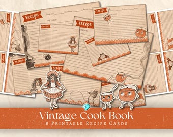 Vintage Cook Book Printable Recipe Cards | digital | ephemera | junk journal | scrapbook | aged | antique | printable | illustrated | baking