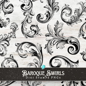 May include: A set of 10 black and white digital stamp images of baroque swirls. The swirls are intricate and detailed, and they would be perfect for adding a touch of elegance to any project.