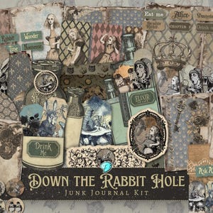 Kit de carnets de voyage "Down the Rabbit Hole" | millésime | Éphémères | shabby chic | Papier à motifs | Imprimable | pays des merveilles | Scrapbooking | Alice