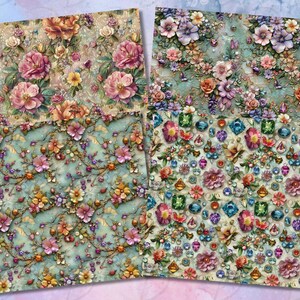 May include: Four digital paper designs featuring floral patterns with jewel accents. The first design features a light brown background with pink, white, and yellow flowers. The second design features a light blue background with pink, white, and yellow flowers. The third design features a light green background with pink, white, and yellow flowers. The fourth design features a light blue background with pink, white, and yellow flowers and jewel accents.