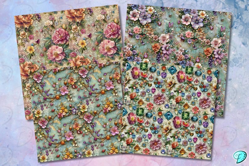 May include: Four digital paper designs featuring floral patterns with jewel accents. The first design features a light brown background with pink, white, and yellow flowers. The second design features a light blue background with pink, white, and yellow flowers. The third design features a light green background with pink, white, and yellow flowers. The fourth design features a light blue background with pink, white, and yellow flowers and jewel accents.