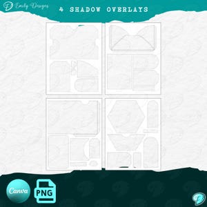 Op de afbeelding: Vier schaduwoverlays voor digitaal ontwerp. De overlays zijn in de vorm van een rechthoek, een zeshoek en een verscheidenheid aan andere vormen. De overlays zijn in een witte kleur op een witte achtergrond.