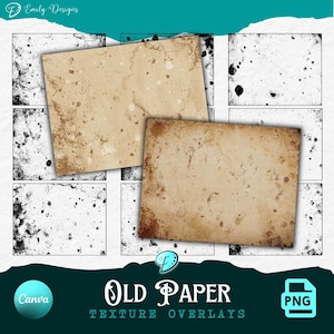 May include: A digital collection of old paper texture overlays featuring various rectangular designs. The set includes several black and white grunge patterns alongside two prominent tan, stained paper textures with visible spots and aged edges.