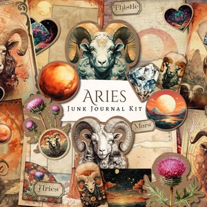 Aries Junk Journal Kit | Sammelalbum | Kartengestaltung | Jahrgang | Ephemera | Ausdruckbar | pinischer Schnitt | Sternzeichen | Horoskop | Sternzeichen | Widder