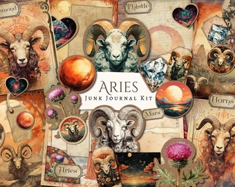 Aries Junk Journal Kit | scrapbook | card making | vintage | ephemera | printable | fussy cut | zodiac | horoscope | star sign | ram